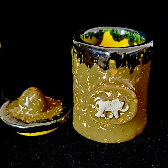 Handmade Small Ceramic Stash Jar with Elephant in Crackled Army Green Glaze with - Picture 7 of 13